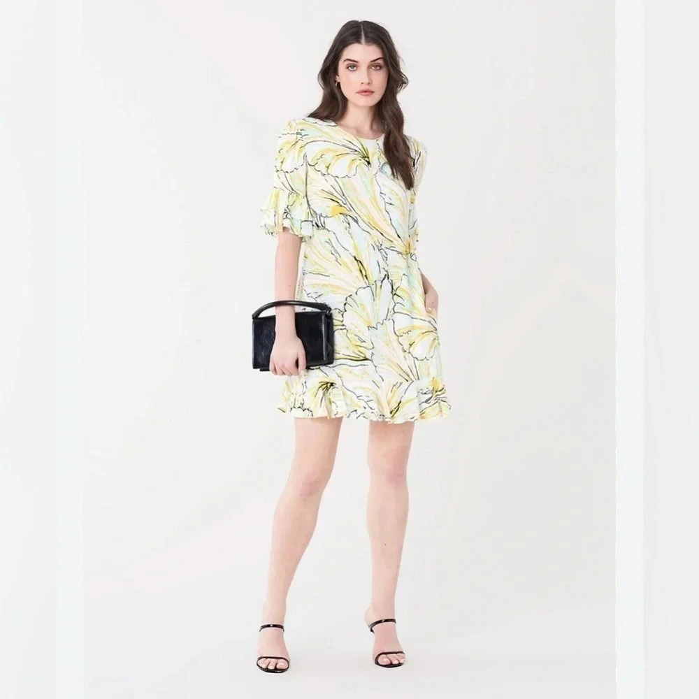 Diane Von Furstenberg Annalyse Shift Crepe Slip Bell Sleeve Yellow Dress XXS